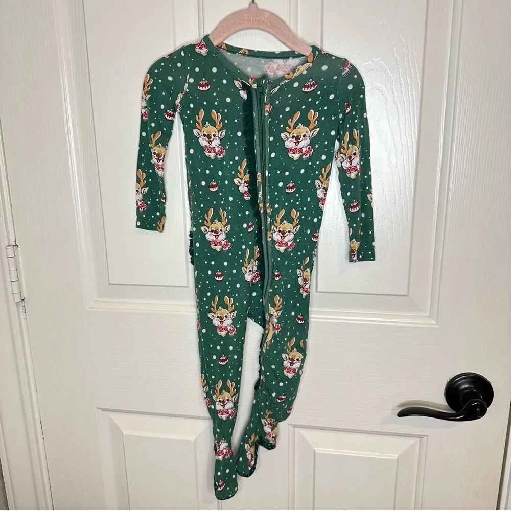 Ruffle Butts Dark Green Rudolph Snowball Ruffle Footie Pajama Sz 6-12M Christmas